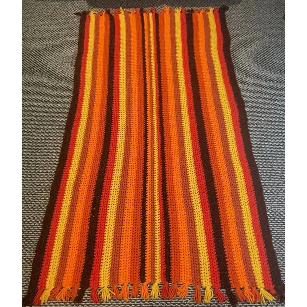 Handmade crochet 70s Afghan Blanket Orange Brown Yellow 47